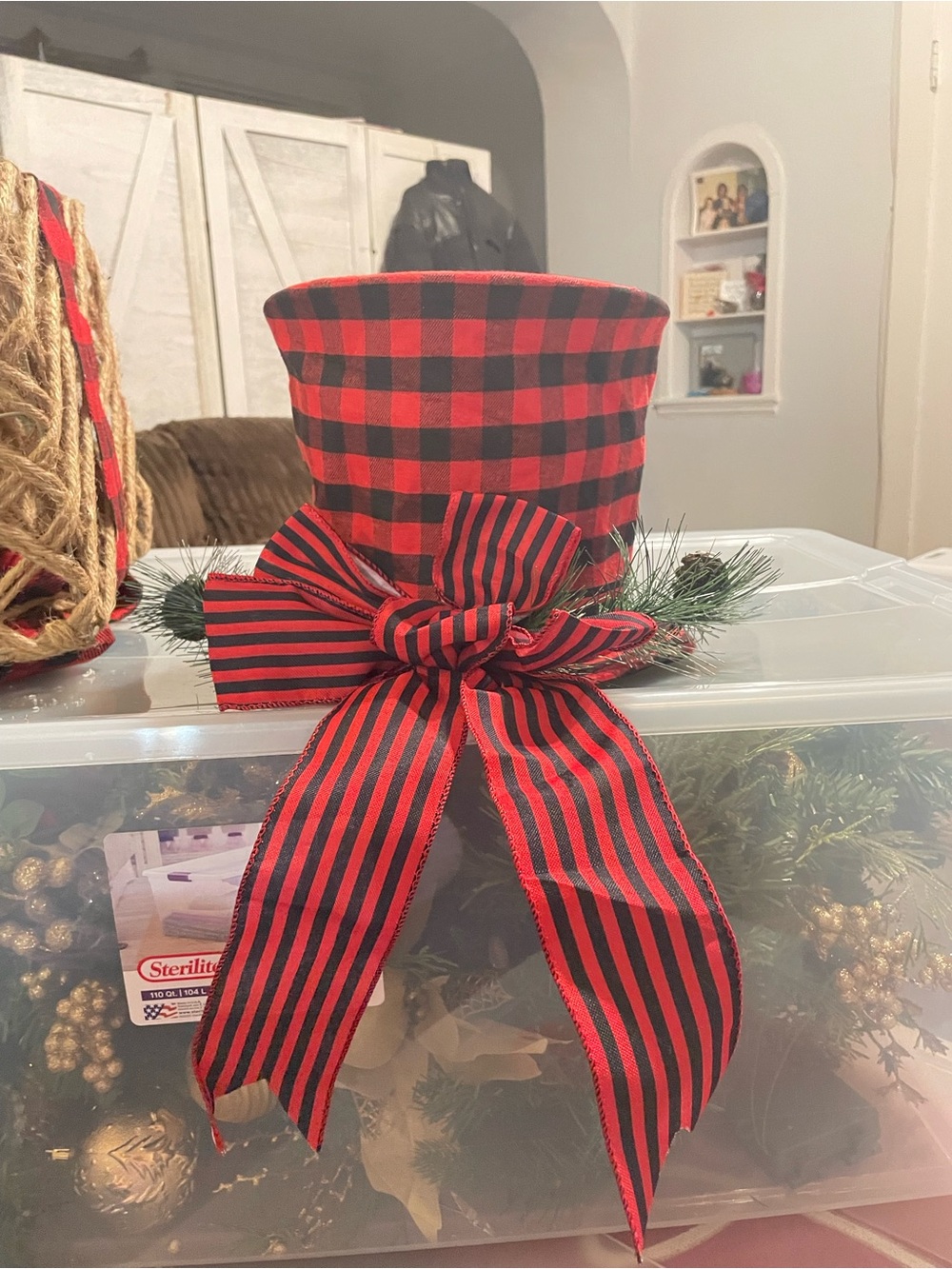 Tree Topper-Red and Black Buffalo Check Top Hat with Striped Bow